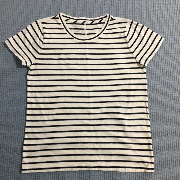 J. Crew Tops - J. Crew Womens Small Girlfriend Navy Blue White Striped T Shirt Crew Neck Cotton